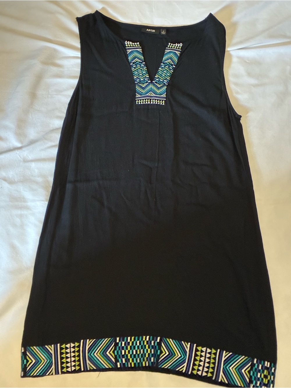 Apt. 9 Black Sleeveless Tunic with Blue and Green Embroidered Trim